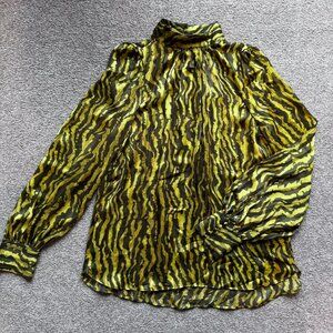 NWT H&M Romantic High‑Neck Ruffle Blouse – Dark & Lime Stripe – Statement Cuff